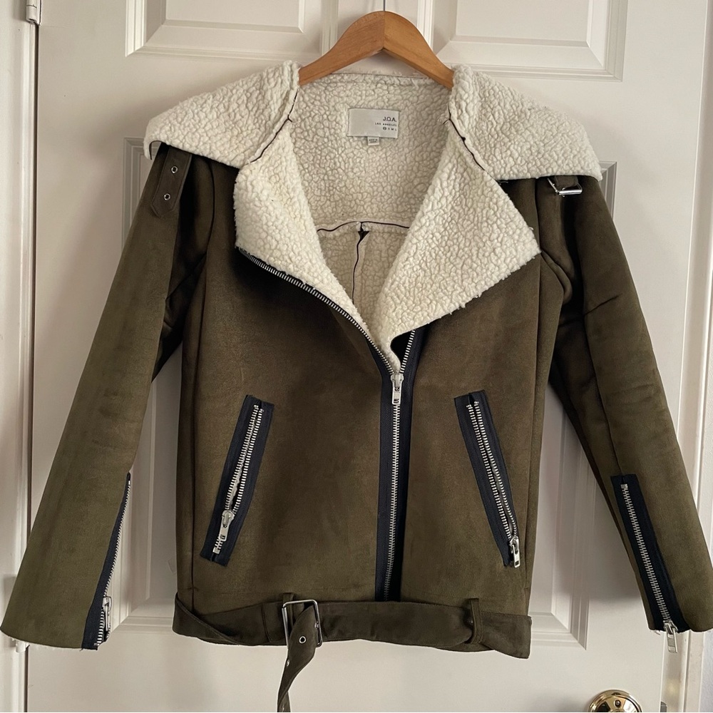 J.O.A. Olive Bomber Jacket withShearling Collar Faux Suede Sherpa Moto Cabincore - Picture 1 of 14